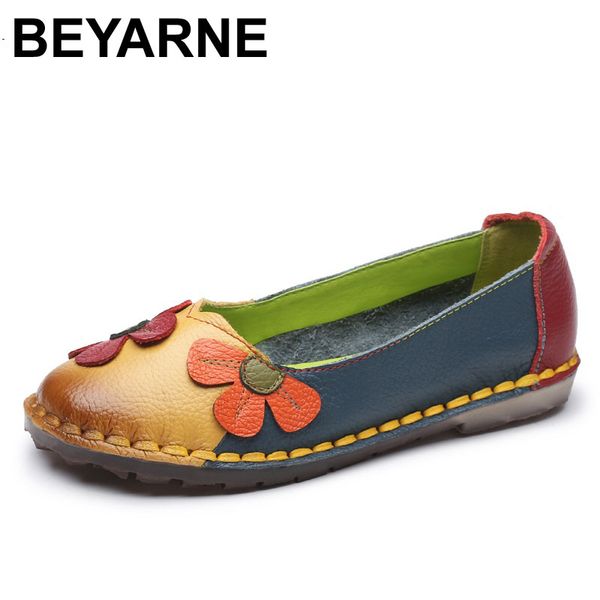 

beyarne summer autumn fashion flower design round toe mix color flat shoes vintage genuine leather women flats girl loafer, Black