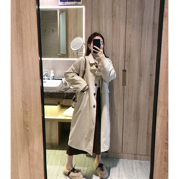 

canggu windbreaker wood 2019 autumn and winter new khaki trench coat women's korean style loose casual lapel coat student 8828, Tan;black