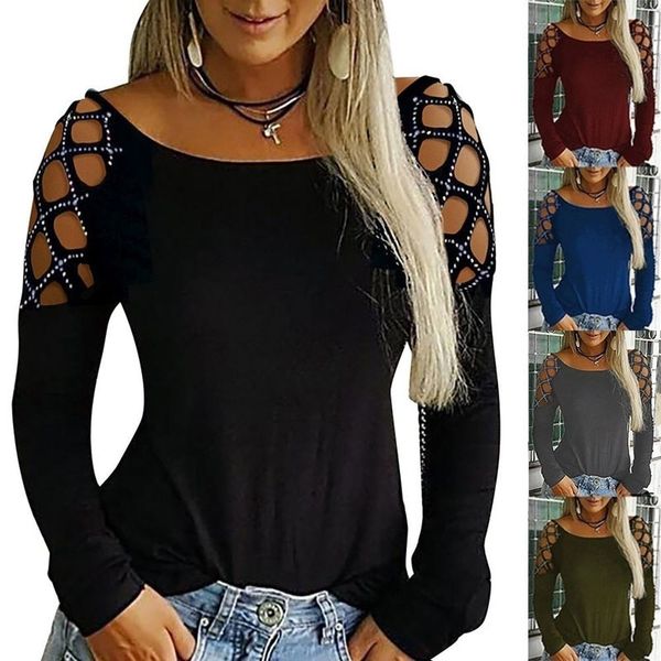

s-5xl plus size shirts women casual hollow-out shoulder long sleeve t shirts blouse