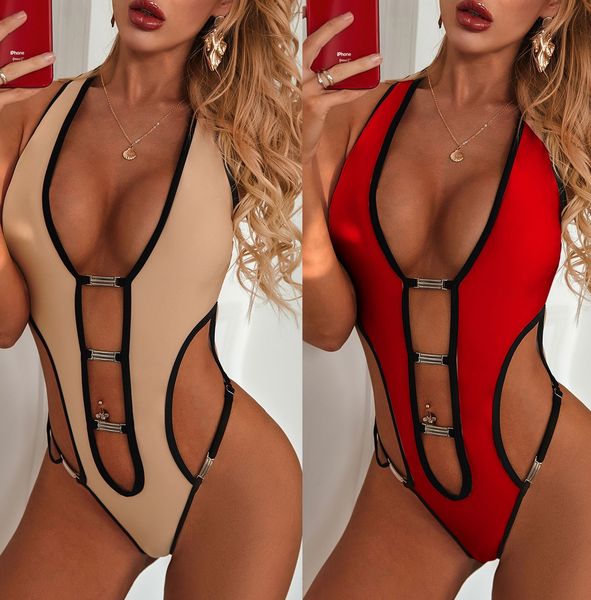 

solid backless one piece swimsuit women edging pierced swimwear metal button female bathing suit beach wear