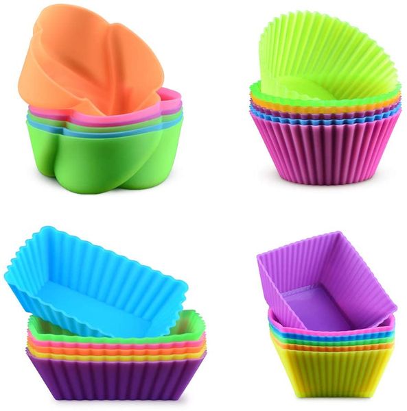 

silicone baking cups cupcake liners 24pcs reusable silicone molds including round, rectanguar, square, flower bpa food grade silicone