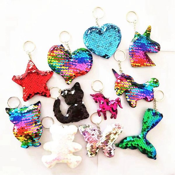 

designer dolphin star unicorn animal keychain glitter pompom sequins key chain gifts for women car bag accessories key ring jewelry, Silver
