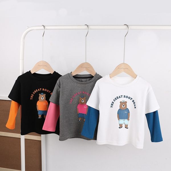 

boy cartoon bear fake two-piece t- chen ma 2020 spring new trend t-shirt baby round neck base shirt, Blue