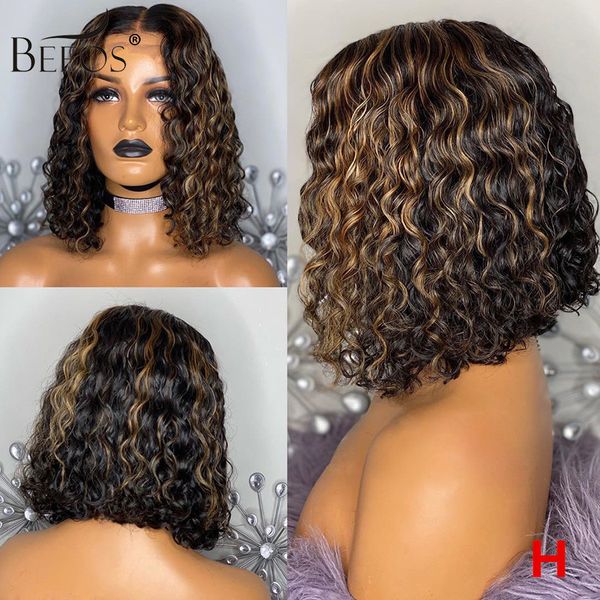 

Beeos 180% 13*6 Deep Part Lace Front Human Hair Wig Highlight Colored Curly Bob Pre Plucked Bleached Knots Brazilian Remy Hair, Medium brown
