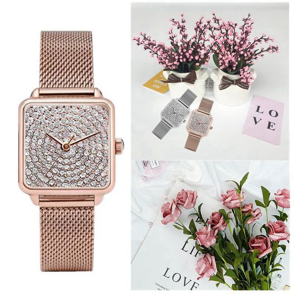 

2020 luxury fashion square watches women diamond watches mesh band quartz wristwatches women rose gold relogio feminino, Slivery;brown