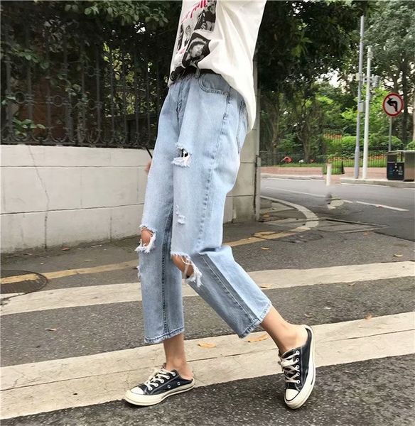 

2d2tc весной и летом женские прямые брюки тела и брюки 2020 корейского стиля сплит брюки большого размера жир мм высокая талия все соответст, Blue