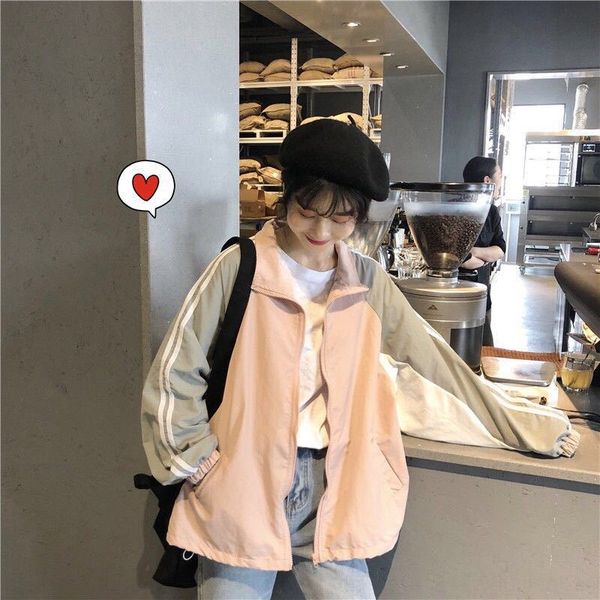 

women's coat autumn 2019 new korean style student mori all-match loose sunscreen jacket suit baseball suit baseball uniform fashion, Tan;black