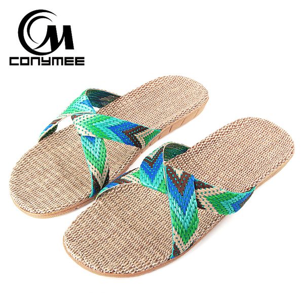 

conymee home slippers 2020 summer men flat shoes casual sneakers cross blet man flax sandals flip flops linen zapatos hombre, Black