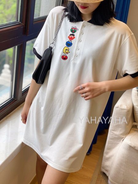 

2020 new polo collar cartoon cute small embroidered mid-length t-shirt skirt short button button buttont-shirt buttonssleeve z2111, White