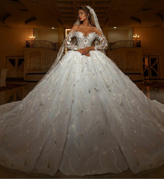 

luxury ball gown wedding dresses sheer jewel neck embroidery lace beads crystal church bridal gowns custom made country wedding dress, White