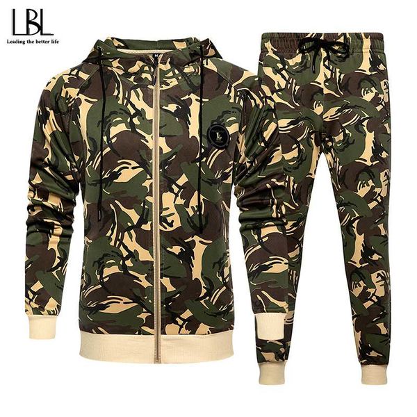 

camouflage tracksuit men autumn 2020 sportswear mens set spring hooded jacket + pantsuit male 2 pieces outwear fitness clothing, Gray