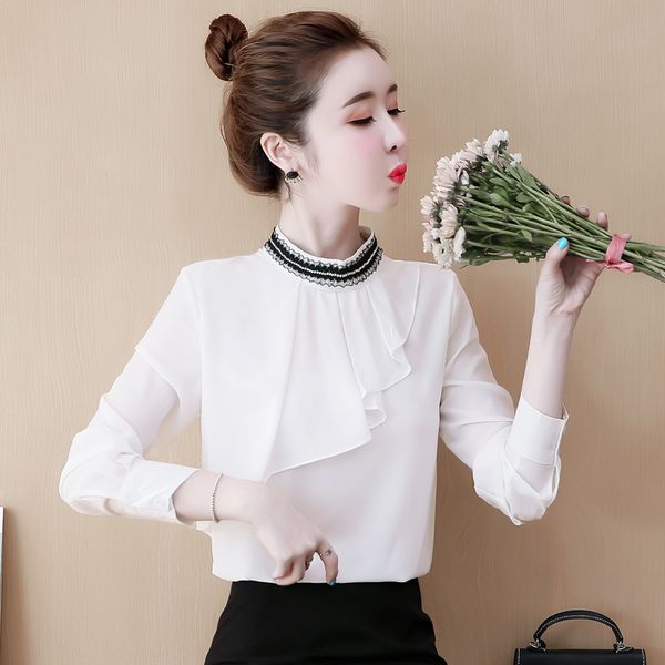

korean womens print and blouses fashion elegant long sleeve office casual shirt woman work wear clothes tunic top, White