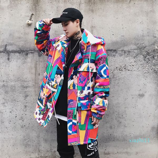 Fashion-2019 Primavera Autronnum Jaqueta Japonesa Rua Doodle Homens Fino Jaquetas Mens Hip Hop Com Capuz Casaco Casaco US tamanho S-XXL