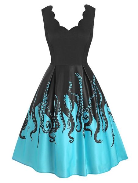 

wipalo 2xl fashion dress ocs print scalloped sleeveless a line dress a line knee length summer casual party vestidos, Black;gray