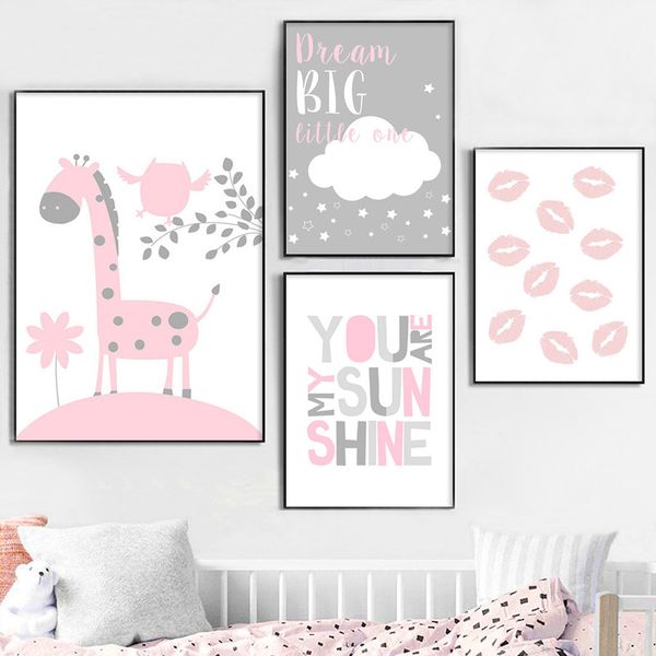 

cute pink lips жираф wall art холст плакат и печать мультфильм живопись картины для гостиной детская комната девочка decor спальня