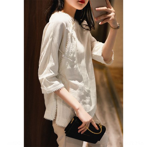 

fcq28 2020 summer new stitching lace buckle super beautiful cotton and linen shirt style chinese style improved chinese aesthetic lace cloth, White