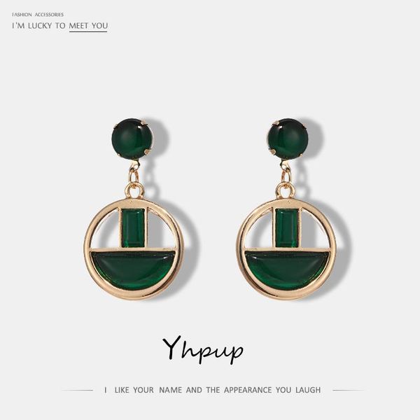 

yhpup new fashion green opal stone zinc alloy golden round hollow dangle earrings for women fashion jewelry oorbellen party gift, Silver