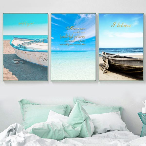 

blue sky sea beach корабль пейзаж холст стены искусства картина скандинавские плакаты и печать украшения картины для гостиной декор