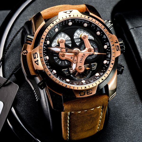 

reef tiger/rt military watches for men genuine brown leather strap rose gold automatic wrist watch rga3503
