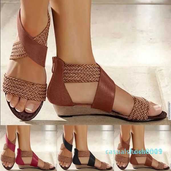 

fish mouth leather canvas women weave wedge heel shoes zipper sandals casual beach sandals roman shoes c09 l11, Black