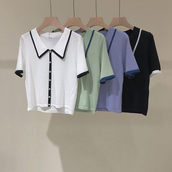 

ioj00 contrast color small sweater shirtshirt shirtlapel sweater for women 2020 new korean style design sense niche temperament short sleeve, White