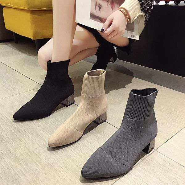 

eoeodoit women sock boots knit fabric med heel pointed toe pumps boot short ankle length female fashion heels autumn winter, Black