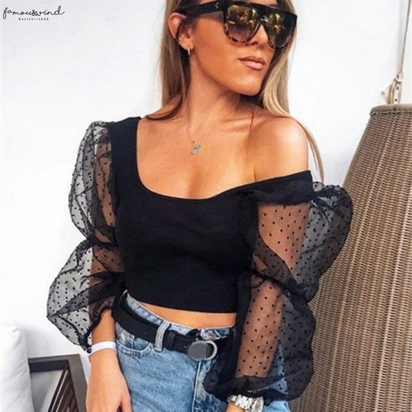 

women lace see through sheer mesh polka dot puff long sleeve o neck crop blouse slim club lace wear, White