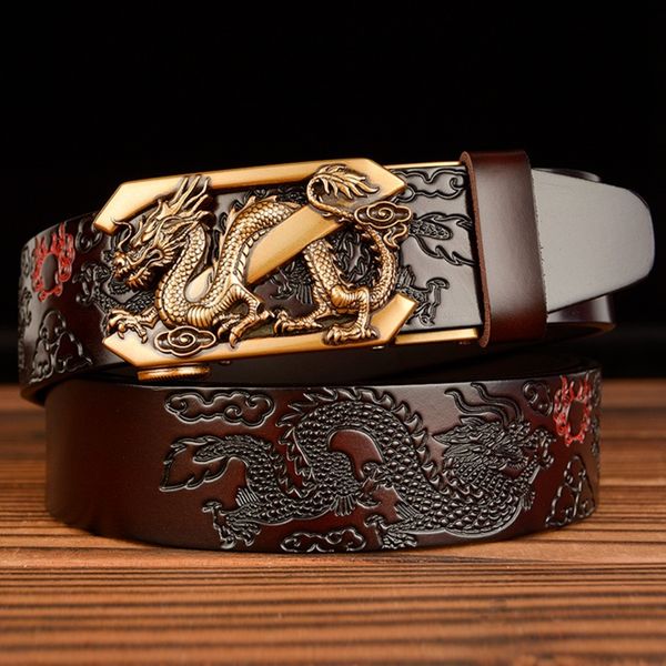 

ykck6 z dragon automatic buckle men's leather three-dimensional national double dragon ball genuine leather belt national style persona, Black;brown