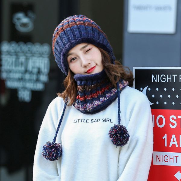 

winter women beanie hat girl warm ski 2020 new brand big fur pom poms ball knitted hats scarf hat set thick skullies female cap, Blue;gray