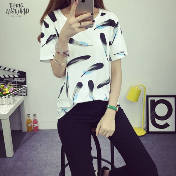 

summer fashion style t shirt women feathers print short sleeve round neck cotton women t shirt casual loose camisetas feminina, White