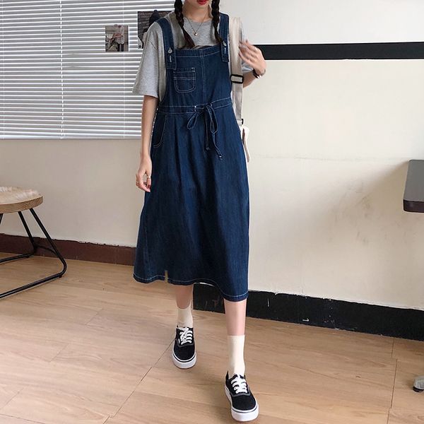 

lace up jean dress women square collar tank sleeveless off shoulder pockets midi summer dresses females fashion 2020, Black;gray
