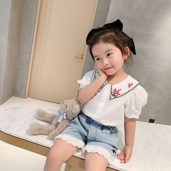 

oo5zi олень и олень girlsshirt короткий рукав маленькая девочка белая вышитая рубашка западный стиль детская верхняя top shirtembroidered sh, White;black