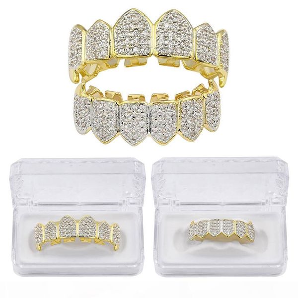 

сияющий grillz iced out cz fang рот зубы грили caps top bottom зуб set мужчины женщины vampire грили set, Black