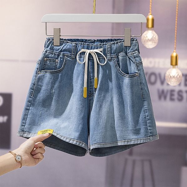 

uaccc large size women's high waist wide leg shorts wide leg denim shorts women's summer drawstring stretch pants elastic waist sl, Blue