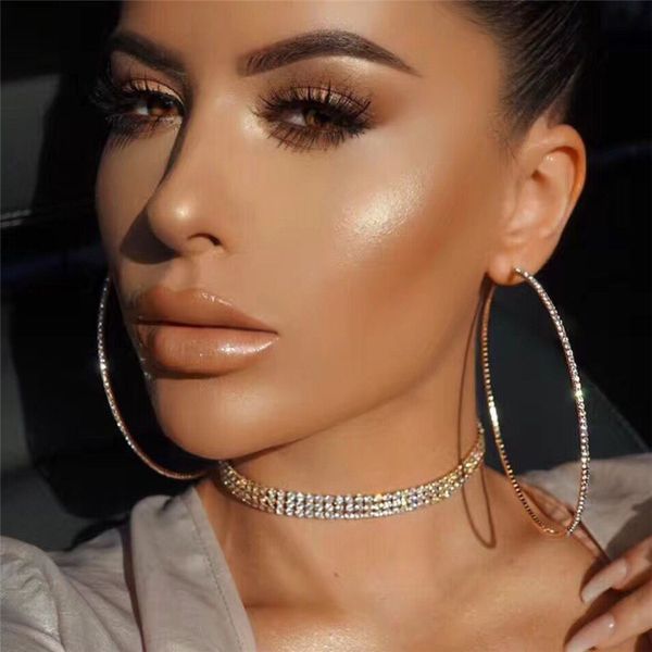 

горячая партия моды модный круглый обруч серьги большой горный хрусталь круг серьги элегантный простые проколол серебристый золотой, Golden