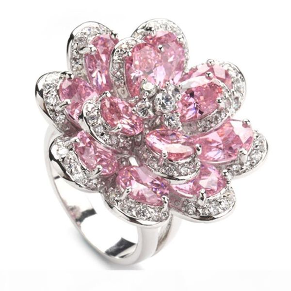 

shunxunze sellers ethnic flower wedding rings jewelry & accessories for men and women pink cubic zirconia rhodium plated r549 size 6-13, Silver