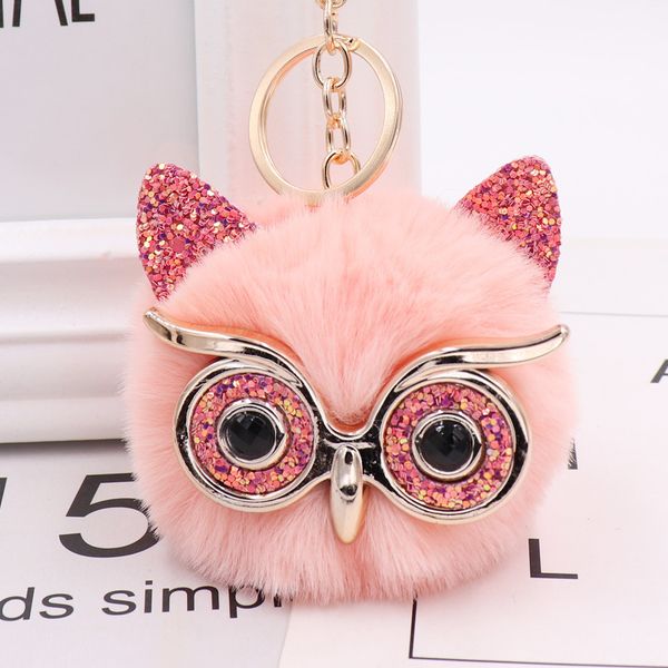 

designer sequin ear owl keychains for girls boy fluffy fake animal fur ball pompon key chain charm women bag key ring high quality, Silver
