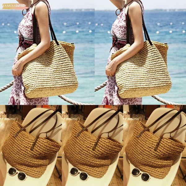 

women lady summer beach vintage handmade zipper knitted straw rattan bag large capacity shoulder bags