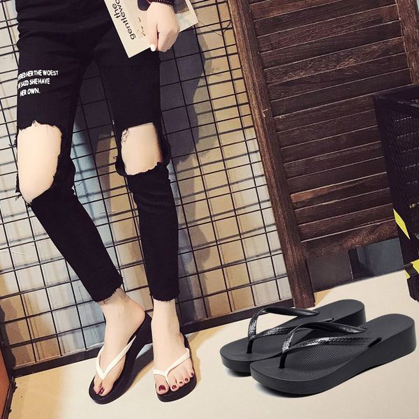 

women's summer slippers with heels 3-5 cm high fashion thick bottom non-slip clip foot splint beach flip-flops women size 36-41, Black