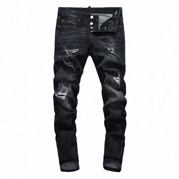 

men's designer jeans washed and worn out tattered jogger slim-fit denim trousers bike jeans fall down, Blue