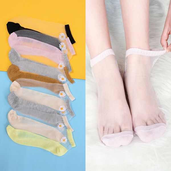

women's short shallow invisible little daisy net red crystal glass silk summer crystal boat socks thin boat socks women's ins tide, Pink;yellow