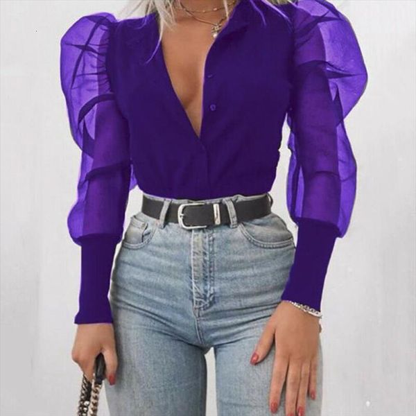 

arrival new 2020 womens v neck shirt tulle ruffle long puff sleeve shirt solid lady shirts all matching regular autumn women, White