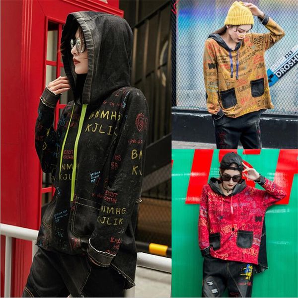 

punk graffiti spray style women's fashion sweatshirt womens autumn long sleeve hoodie sweatshirt jumper hooded pullover, Black