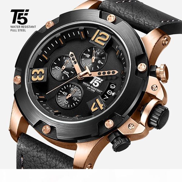 

rose gold leather strap t5 black brand man quartz chronograph waterproof mens watch sport watches men wristwatches, Slivery;brown