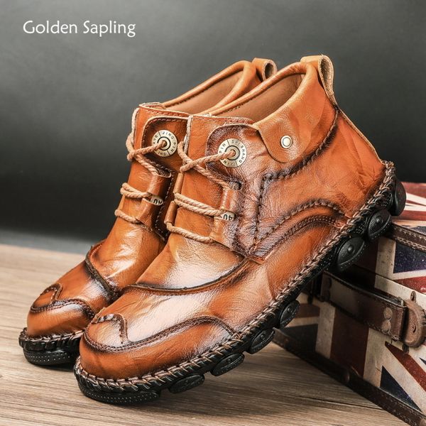 

golden sapling genuine leather boots men retro style outdoor trekking shoes soft rubber high classic comfortable men's boots