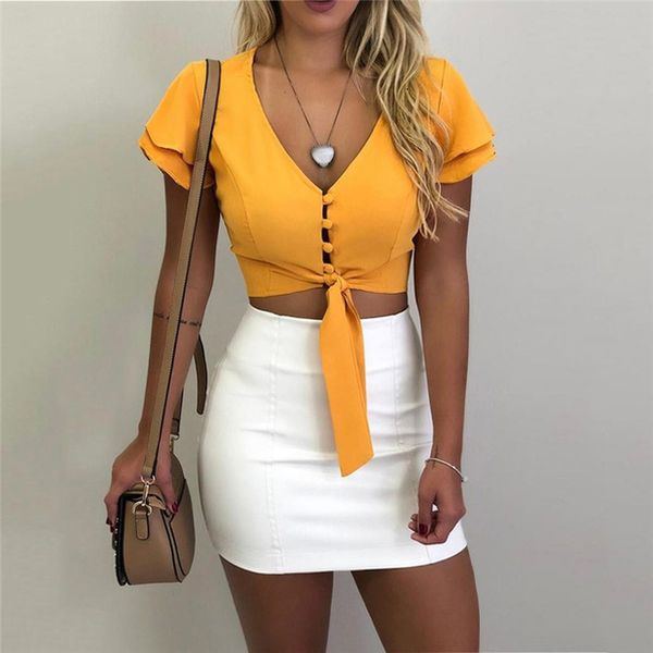 

fashion women v neck crop tank elegant solid tee ladies bandage tunique femme dames party club streetwewar, White