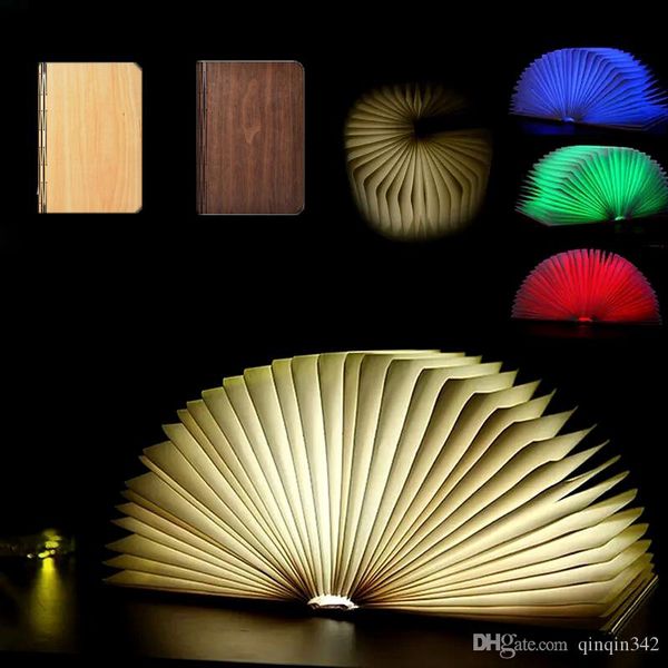 DHL RGB LED 3D Night Light Folding Livro Luz Lâmpada de mesa porta USB recarregável de madeira Ímã Tampa Início Mesa, Secretária de teto Decor Lamp