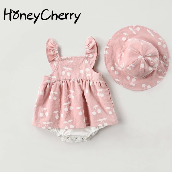 

2020 baby rompers new summer clothes fashion cute cherry prints kids clothing rompers dress with hat jumpsuits, Blue
