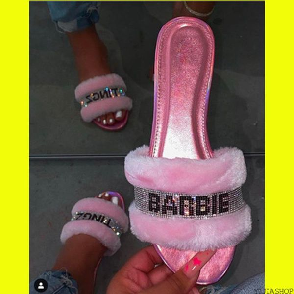 

new summer ladies slippers furry fur slippers home color fur fluffy plush house shoes female cute winter warm slipp, Black