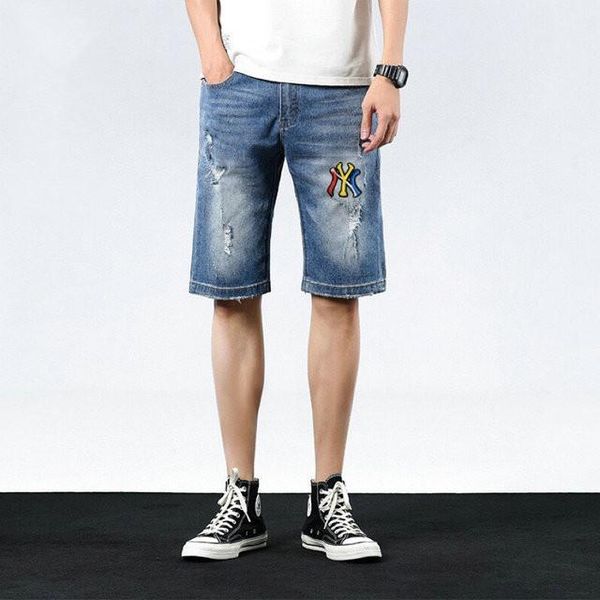 

fashion design ripped jeans short luxury mens badge style denim jogger knee holes biker designer pants cool guy rock revival jeans short, Blue